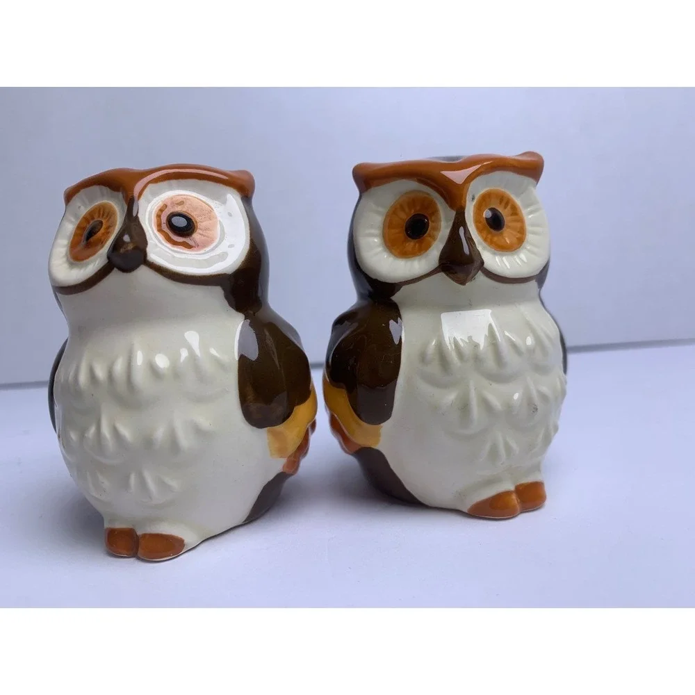 Vintage Ceramic Owl Salt and Pepper Shakers‎ Retro Bohemian Hand Painted Set
